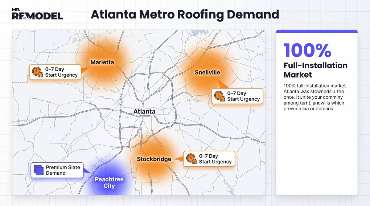 A map infographic of the Atlanta metro area showing high homeowner urgency and localized roofing material trends for 2026.